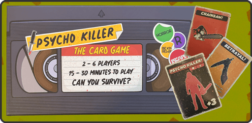 Voorkant van de verpakking van het Psycho Killer kaartspel, met een retro VHS-tape ontwerp en de tekst 'The Card Game'